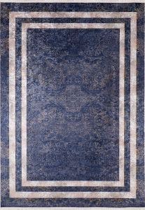 Modern Frame Beige and Dark Blue Washable Area Rug