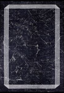 Modern Frame Marble Pattern Black Washable Area Rug