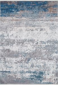 Modern Grey Background Washable Living Room Rug with Blue Details 