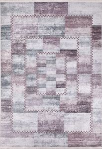 Patchwork Grey Base Color Purple and Pink Detailed Washable Carpet