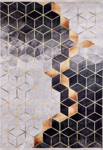 Lofto Design 3D Cube Gray Floor Gold and Anthracite Detailed Washable Carpet