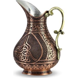 Tumbled Chisel Ottoman Copper Jug with Sultan Tugra - 17x14 - Copper Pitchers, Copper|Metal Pitchers