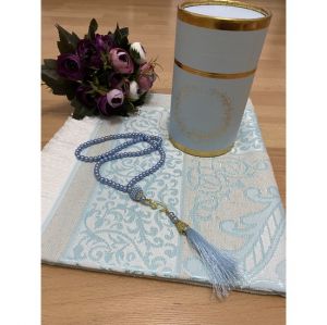 Dowry Gift Boxed Prayer Rug Set Luxury Taffeta Prayer Rug, Pearl Rosary - 11x11 - Blue Throw Rugs, Cotton Throw Rugs