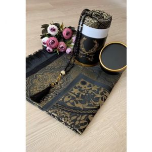Dowry Gift Boxed Prayer Rug Set Luxury Taffeta Prayer Rug, Pearl Rosary - 11x11 - Black Throw Rugs, Cotton Throw Rugs