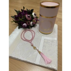Dowry Gift Boxed Prayer Rug Set Luxury Taffeta Prayer Rug, Pearl Rosary - 11x11 - Pink Throw Rugs, Cotton Throw Rugs