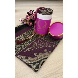Dowry Gift Boxed Prayer Rug Set Luxury Taffeta Prayer Rug, Pearl Rosary - 11x11 - Purple Throw Rugs, Cotton Throw Rugs