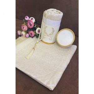 Dowry Gift Boxed Prayer Rug Set Luxury Taffeta Prayer Rug, Pearl Rosary - 11x11 - Beige Throw Rugs, Cotton Throw Rugs