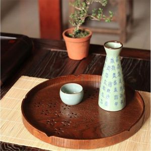 Round Cherry Solid Wood Serving Tray for Tea, Coffee, Snack and Food - 27x27 - Brown Serving Sets, Wood Serving Sets