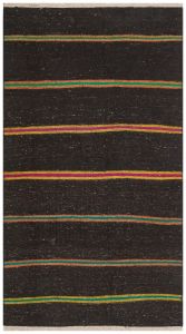 Black Yellow Fuchsia Striped Hand Woven Vintage Rugs - 200x100 - Black Hand Woven Rugs, Wool Hand Woven Rugs