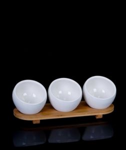 Porcelain 3 Bowls with Footed Bamboo Serving Tray