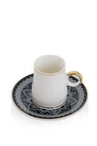Gold Rim Black and White Porcelain Coffee Cups and Saucers - Set of 6