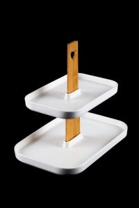 Porcelain 2-Layered Cookie Service Tray with Bamboo Stand