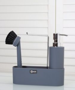 2-Piece Acrylic Stand Round Liquid Soap Dispenser with Brush, Dark Grey