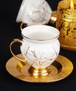 White and Gold Porcelain Coffee Cups and Saucers - Set of 6