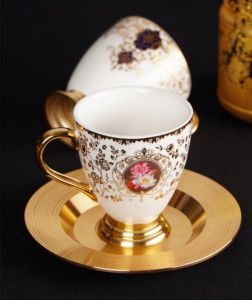 Glam Porcelain Coffee Cups and Gold Saucers - Set of 6