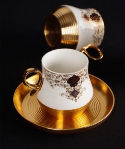Elegant Porcelain White Coffee Cups and Gold Saucers - Set of 6