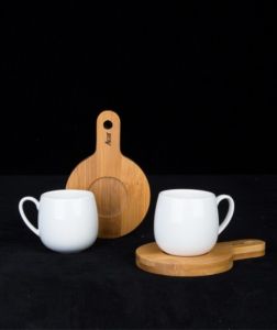 Turkish Coffee Cup wit Bamboo Saucer - 4 Pcs - White