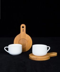 Authentic Porcelain Coffee Cup with Bamboo Plate, 4 Pcs - White