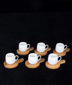 Bamboo Plate Turkish Coffee Cup 6 Pieces, White Coffee Cups