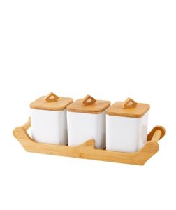 Bamboo Tray Porcelain 3 Pieces Spice Jar, White Jars & Canisters