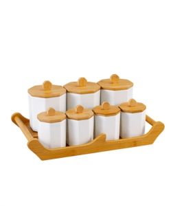 7-Pieces Spice Jar with Bamboo Tray and Lids, Porcelain White Jars & Canisters