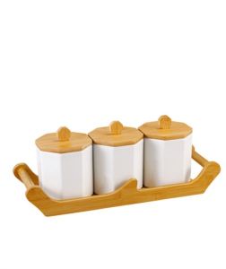 Bamboo Tray Porcelain 3-Pieces Spice Jar, White Jars & Canisters