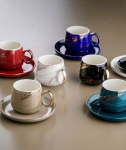 Porcelain Mixed Color Coffee Cups and Saucers - Set of 6