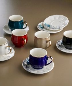Gold Rim Porcelain Colorful Coffee Cups and Saucers - Set of 6