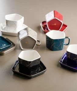 Pentagonal Porcelain Colorful Coffee Cups and Saucers - Set of 6