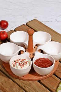6-Piece Ceramic Dip - Sauce Bowl with Bamboo Serving Stand