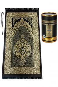 Ikhwan Ka’bah Special Cylinder Boxed Prayer Rug Set - 117x67 - Black Throw Rugs, Cotton Throw Rugs