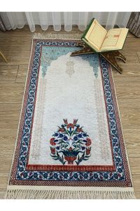 Brilliant prayer rug with fringed LATEX BASE - 125x75 - Blue Throw Rugs, Fabric Throw Rugs