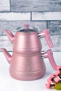 Rosette Granite Turkish Teapot Set - Pink