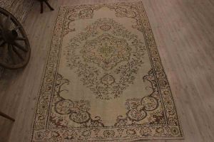 Vintage Antique Hand Woven Carpet - 263x153 - Beige Area Rugs, Wool Area Rugs