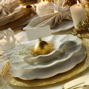 83 Piece Embossed White Gold Dinnerware Set, Service For 12