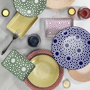 18 Piece Colorful Patterned Breakfast Set, Platter, Flat Plate, Service for 6