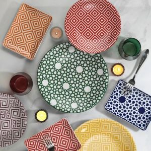 18 Piece Colorful Patterned Breakfast Set, Platter, Flat Plate, Service for 6