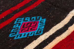 Anatolian Vintage Rugs with Black Red Turquoise Flowers - 200x100 - Blue Hand Woven Rugs, Wool Hand Woven Rugs