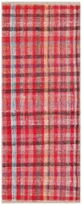 Coral Color Checkered Hand Woven Vintage Rugs - 200x80 - Pink Hand Woven Rugs, Wool Hand Woven Rugs