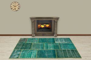 Custom Patchwork Carpet With Real Tumbled Unique Hand Woven - 180x120 - Green Area Rugs, Wool Area Rugs