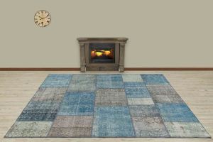 Special Patchwork Hand Woven Carpet  - 240x170 - Blue Hand Woven Rugs, Wool Hand Woven Rugs