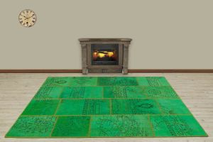 Antiqued Hand Woven Patchwork Carpet  - 230x160 - Green Hand Woven Rugs, Wool Hand Woven Rugs