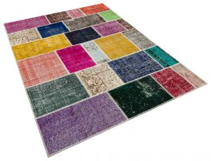 Real Hand-Knotted Tumbled Patchwork Rug - 160 x 230 cm - Colorful Rugs & Carpets, Wool Rectangular Rugs 