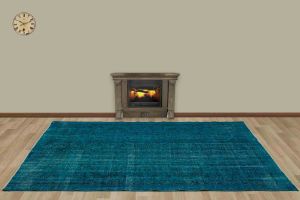 Vintage Hand Woven Rug - 244x151 - Blue Area Rugs, Wool Decorative Area Rugs