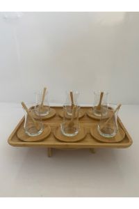 19-Piece Original Turkish Tea Glass Set With Bamboo Saucers, Teaspoons and Tray, Set for 6