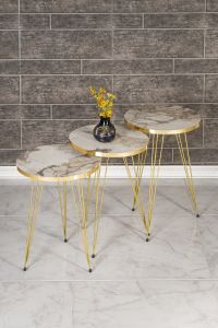 Nesting Table Set of 3 Gold Metal legs in white marble - White COFFEE & END TABLES