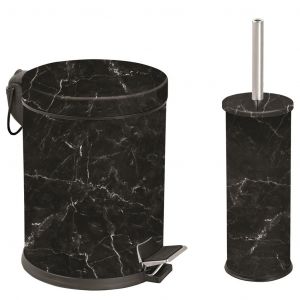 Black Marble Patterned Luxury Metal 2-Piece Bathroom Set Includes Pedal Bin & Toilet Brush