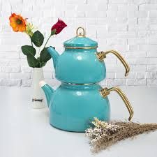 Enameled Turkish Teapot Set Turquoise