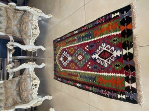 High-colored Handwoven Turkish Prayer Kilim Rug, Boho Kilim