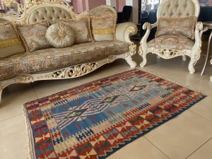The Lucky One Anatolian Hand Knotted Blue Kilim Rug, Bohemian Runner